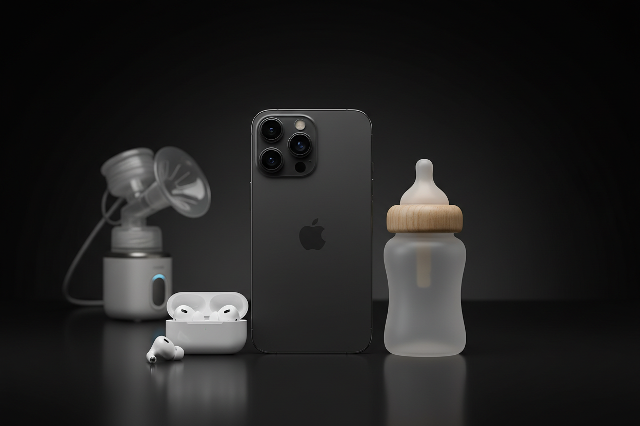 create a background image, with a black undertone, that has an iphone, earpods, a baby bottle, a breast pump in the further background. no writing. it is a cover photo so everything needs to fit
