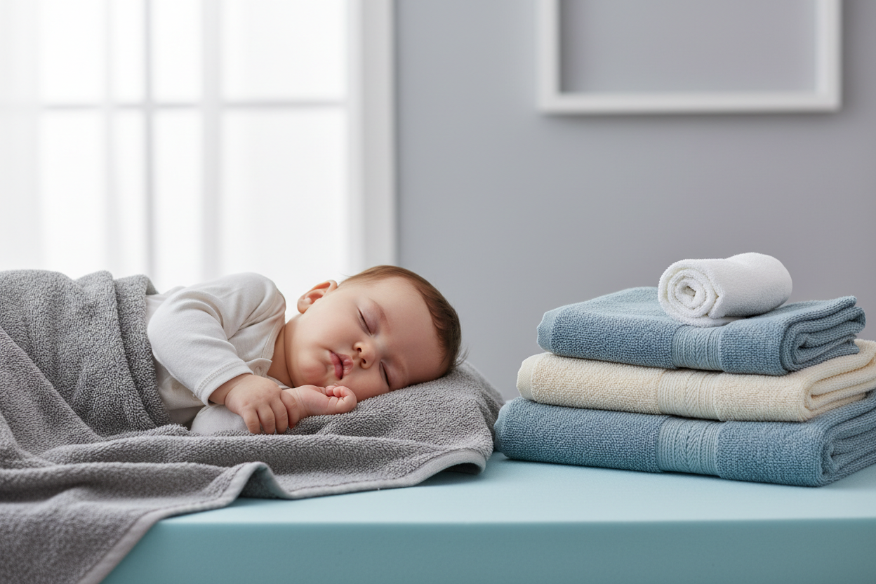 make an image with a baby sleeping and towels next to her. it must have a modern touch and not be too colorful. colours like grey, light blue, that complement each other