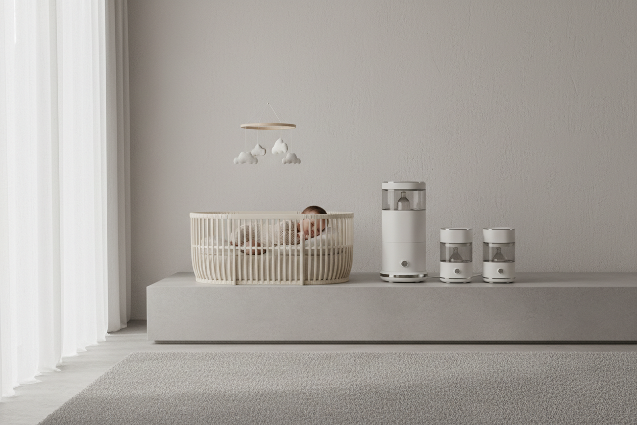 make another image with a baby and sterilzer and bottle warmers in the picture. it must have a modern look to it, not too colorful